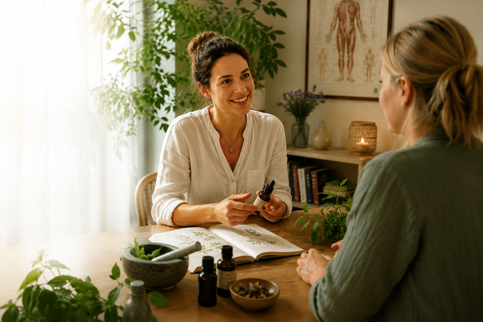 Natuurgeneeskundige laat een kruidentinctuur zien aan een client tijdens een consult