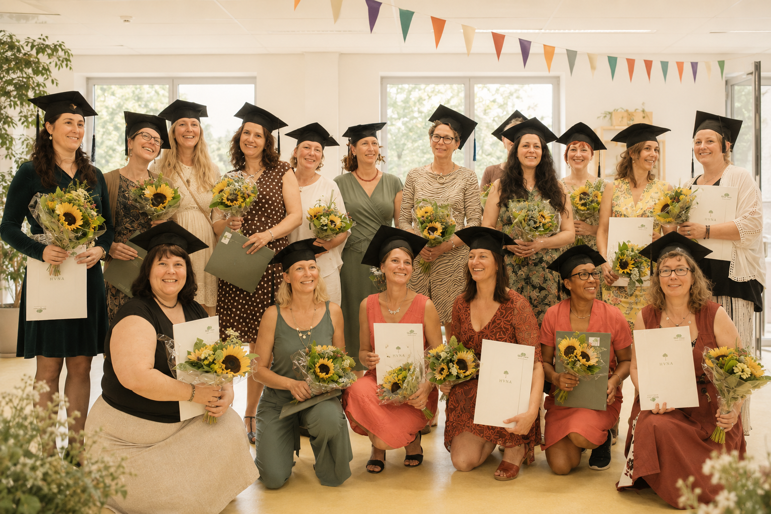 Groep afgestudeerden van de HVNA met diploma en bloemen tijdens de diplomering