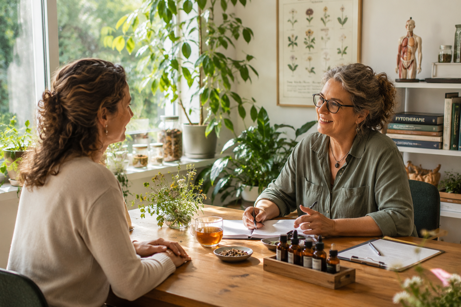 Natuurgeneeskundig therapeut in gesprek met een client aan tafel, met kruiden en planten