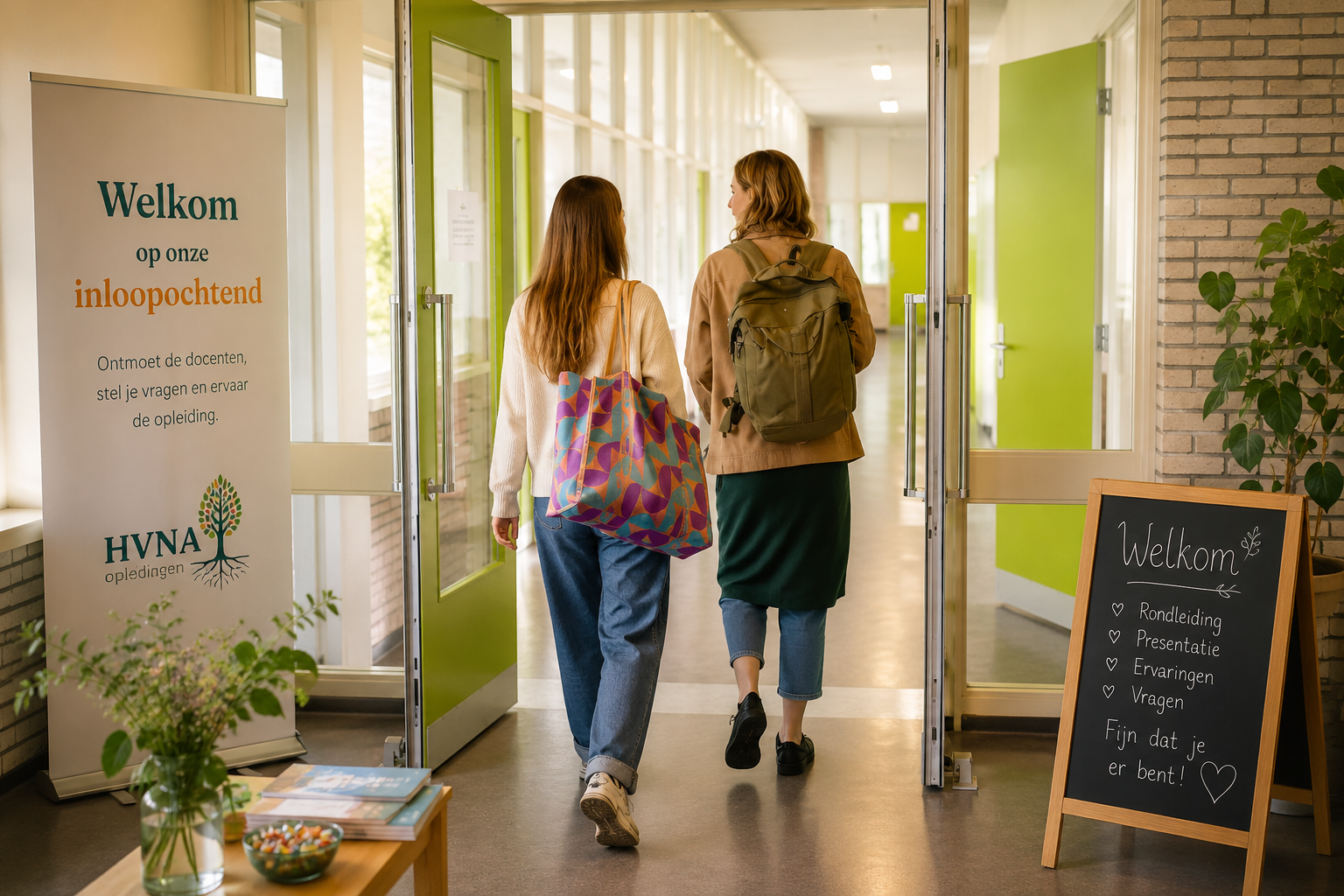Twee bezoekers lopen binnen bij de inloopochtend, langs de HVNA-banner